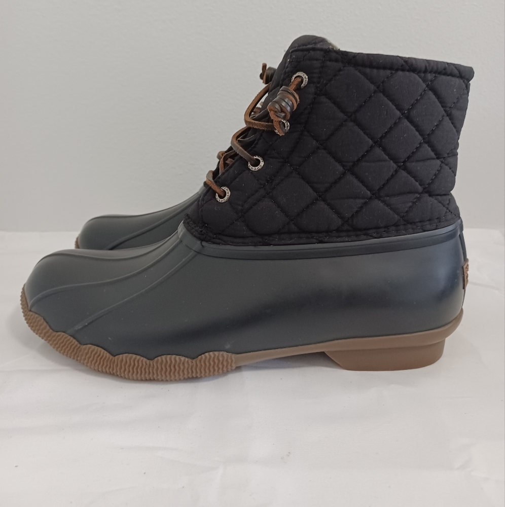 SPERRY  top side black rubber quilted duck boots zip and lace-up  size 9 - Picture 3 of 11
